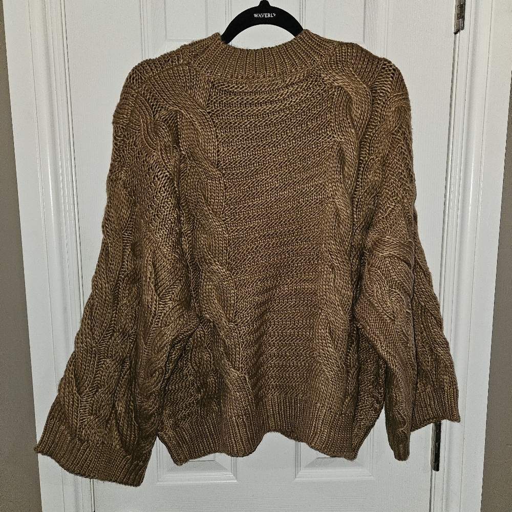 NEW! Cableknit Sweater Camel Tan Neutral Trendy Top Statement Sleeves - Picture 7 of 12